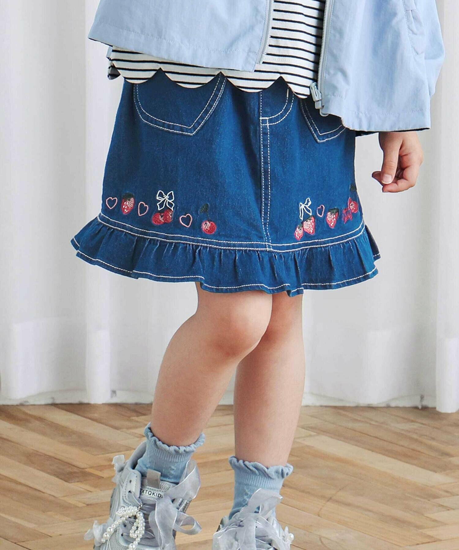 🆕【⭐訂購⭐】🌀 🇯🇵 日本直送 草莓櫻桃刺繡 心型口袋 荷葉邊 牛仔裙(短褲內襯)［2款選］🌀 [ELJA-0038][261104]