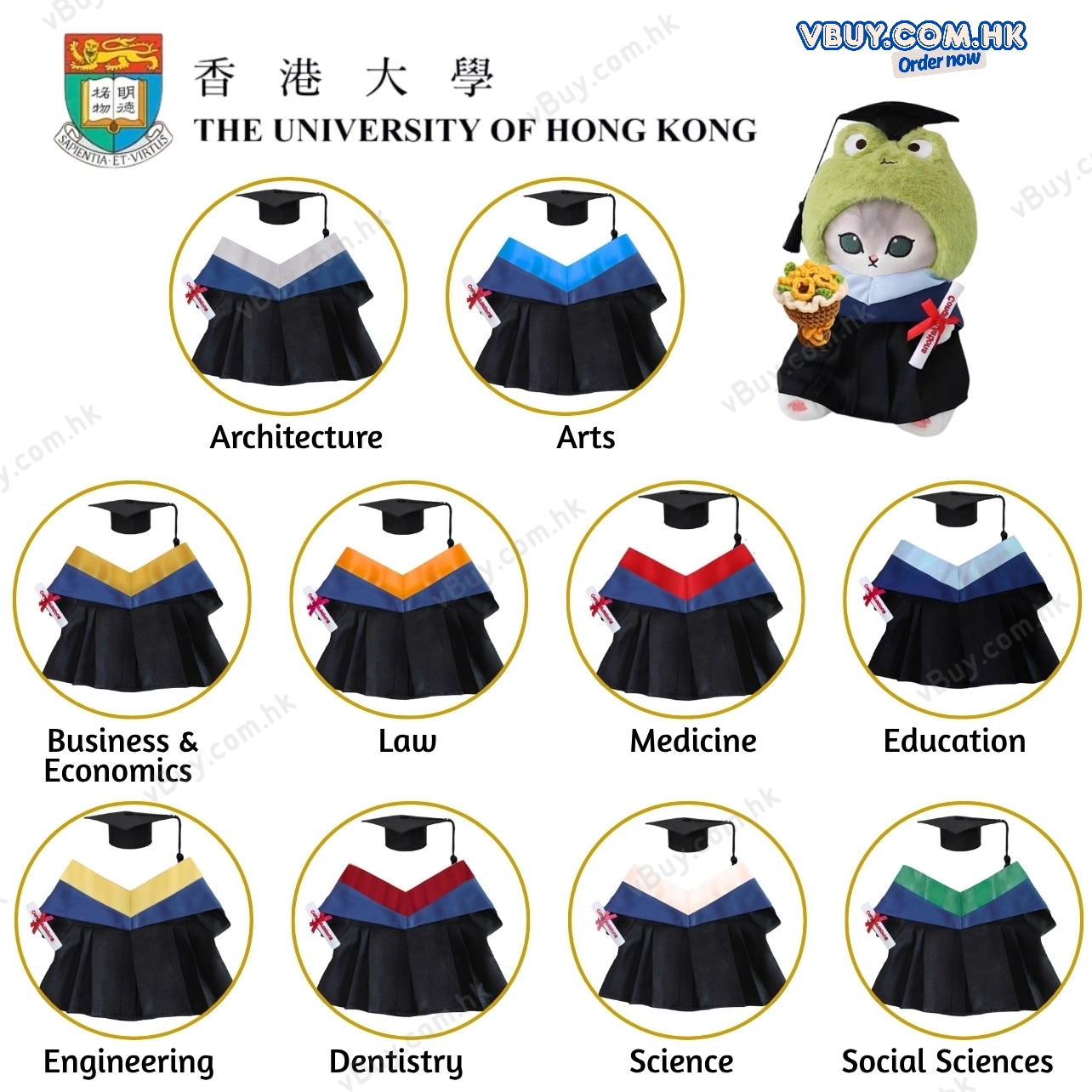 香港大學 HKU 建築學院 Architecture 畢業公仔袍 - 可綉名/校名/年份/校章 (灰色邊藍色布領) 公仔畢業袍