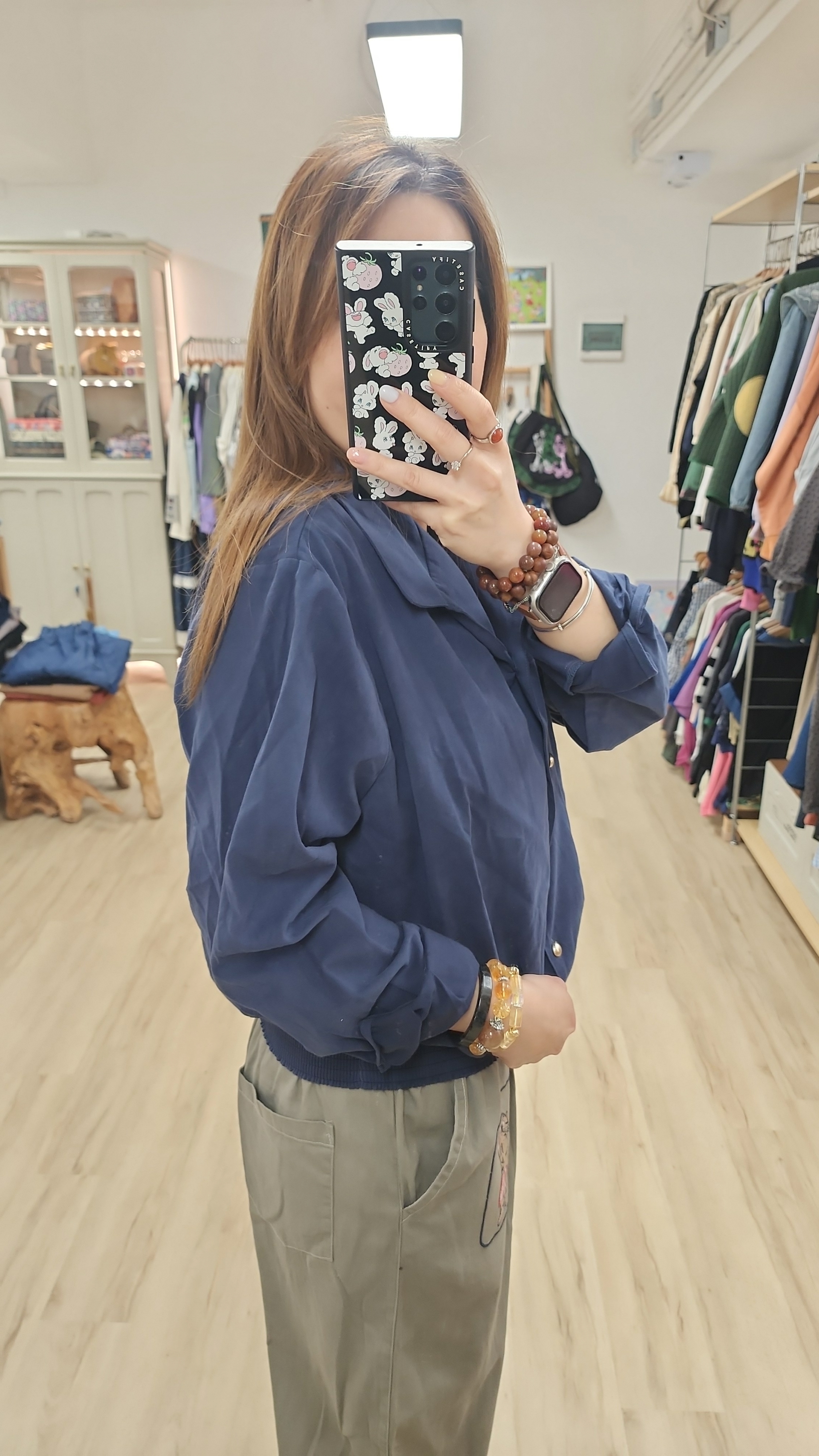 韓國洗水深藍橡筋腳半開胸裇