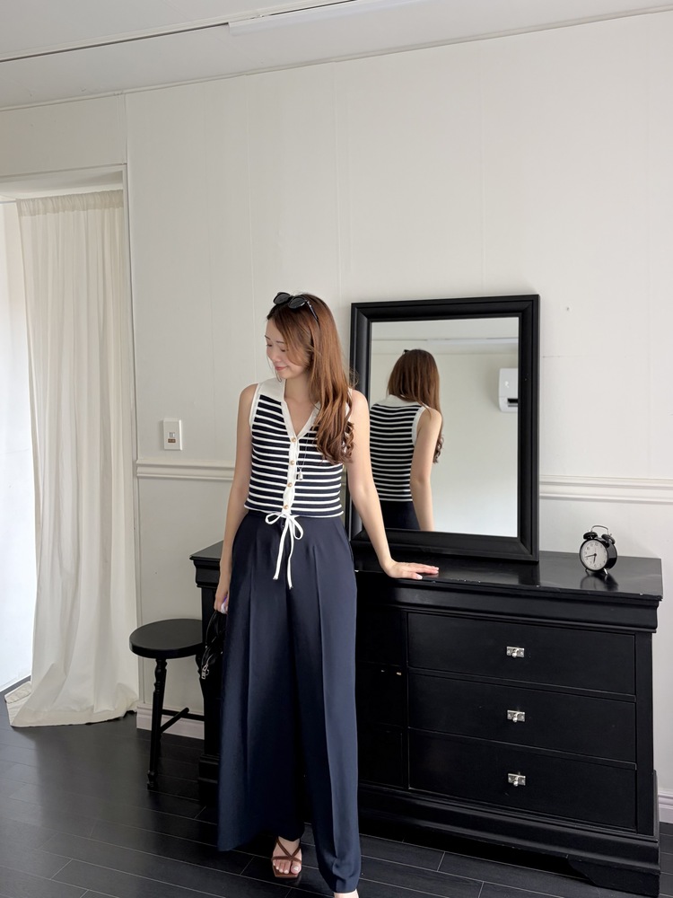 [超涼!!] Contrast Belt Wide Leg Slacks (Navy)