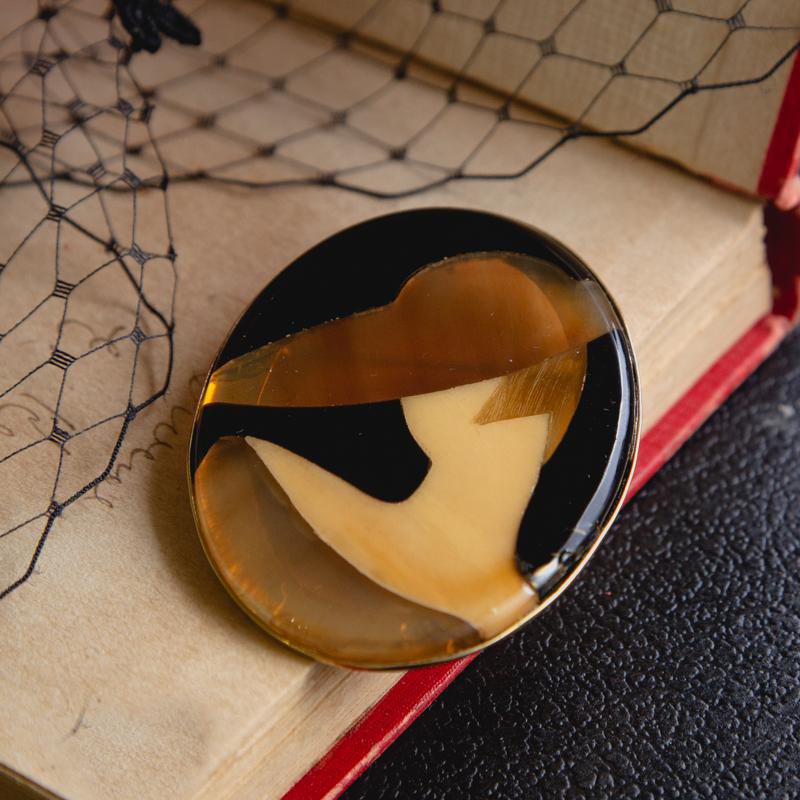 1960-70s Horn & Bone Inlay Short Hair Flapper Lady Oval Brooch/Pendant(NA0727)
