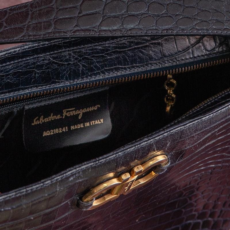 Vintage Salvatore Ferragamo Dark Blue Embossed Leather With iconic Gancini Hardware Large Two Way Shoulder / Crossbody Bag (MT1815)