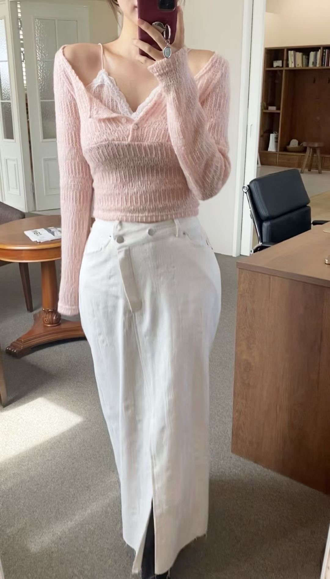 溫柔縷空假2件蕾絲吊帶小毛衣