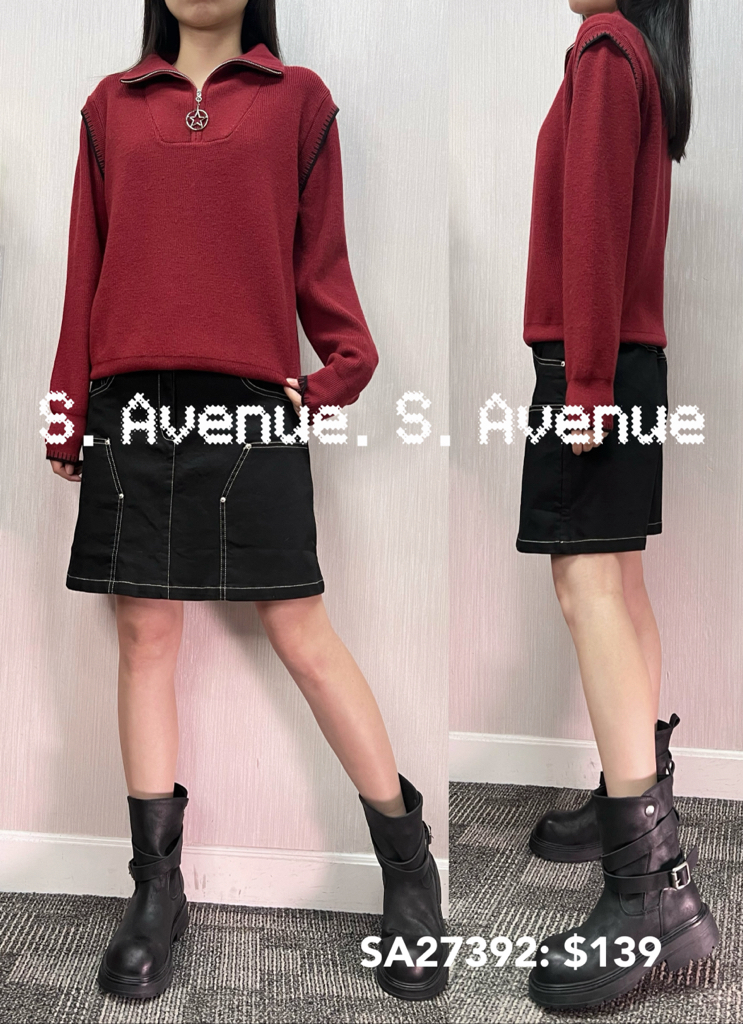 SA27392: 長袖拉錬領袖繡邊假兩件top