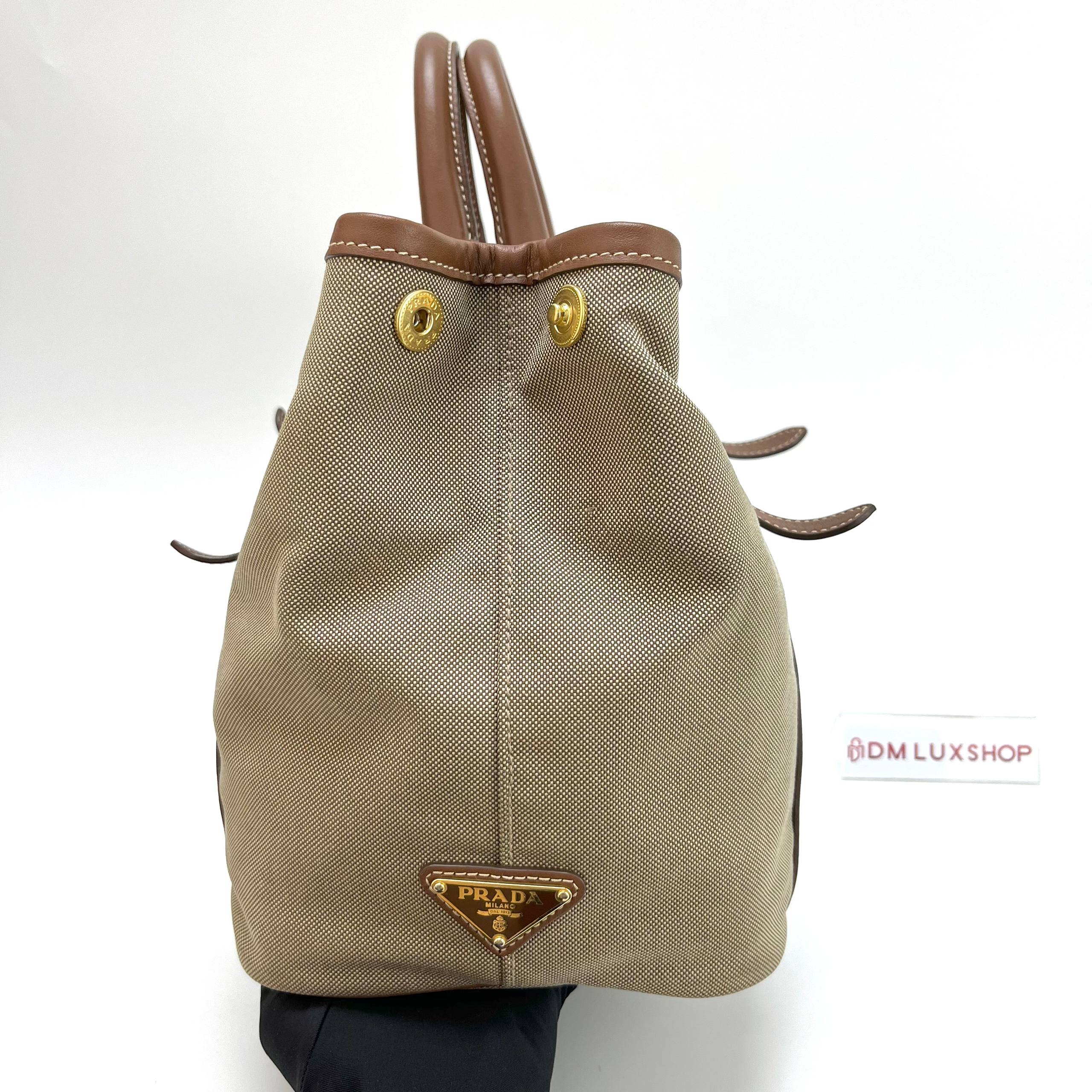 Prada Brown Logo Jacquard Bow Tote Bag GHW