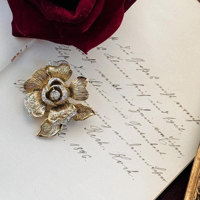 C.a. 1960s Gem-Craft Signed Craft Rhinestone Studded and Textured Blossoming Rose Brooch (MT1852)