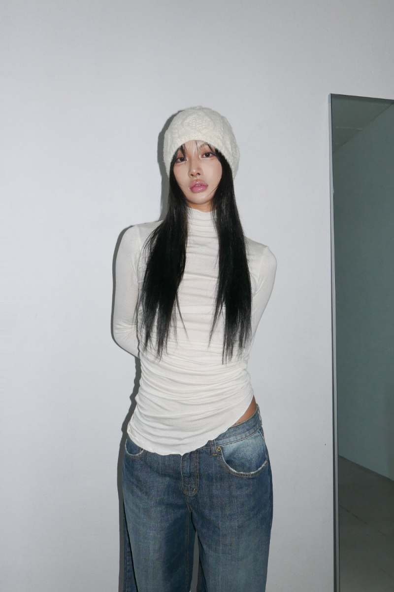 Ruched Asymmetrical Turtleneck Top