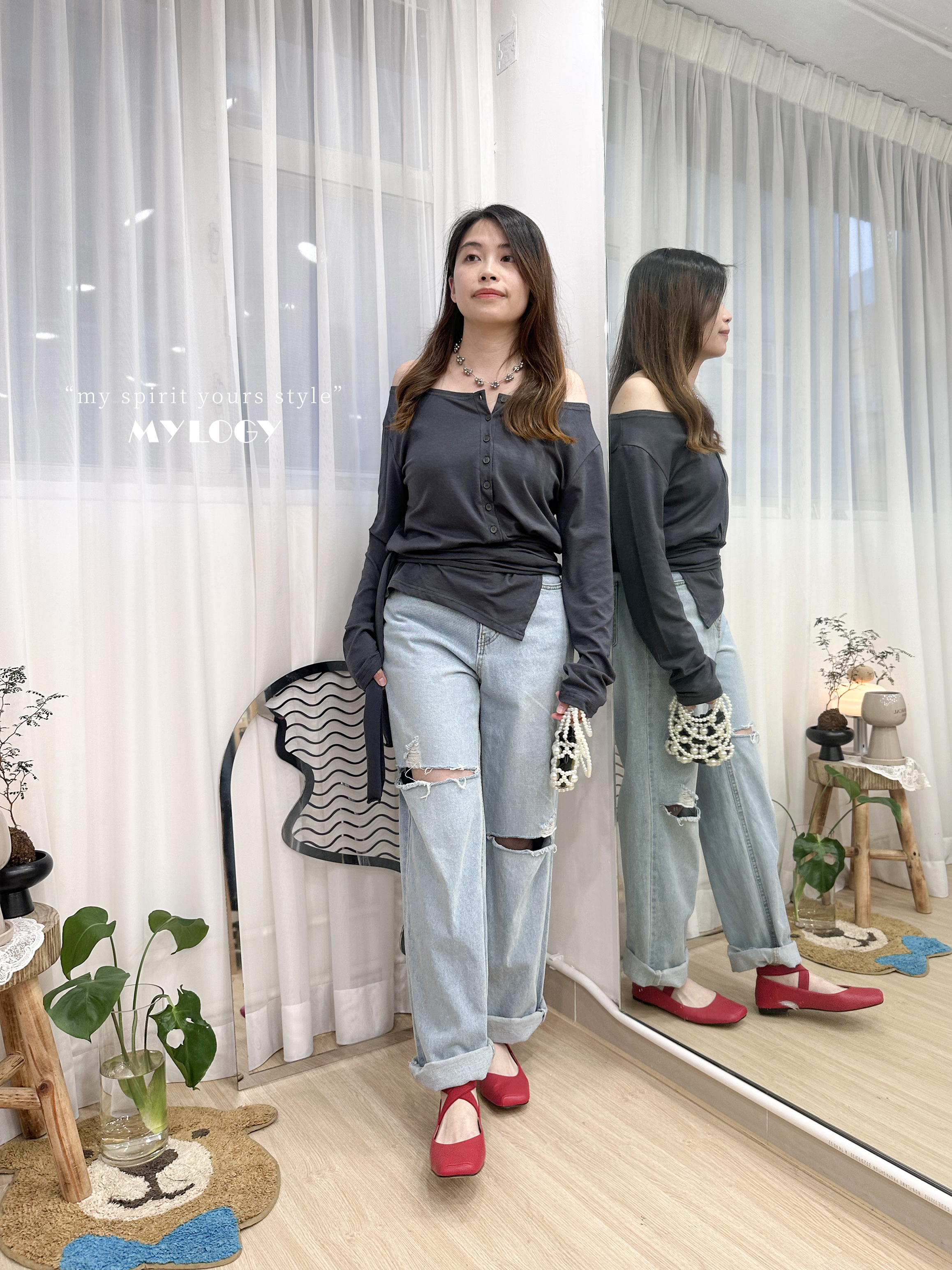 韓系 L/S Off Shoulder 排扣不規則下擺 TEE JD0008 - 深藍 Navy