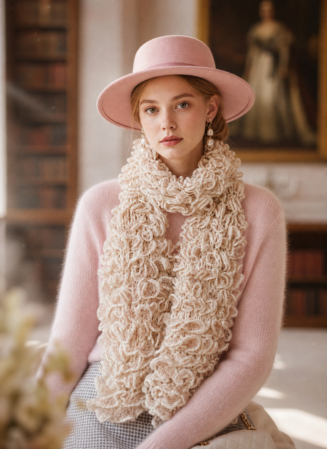花瓣邊混金線手工鉤織頸巾淡粉紅  Gilded Petals & Frost" Scarf