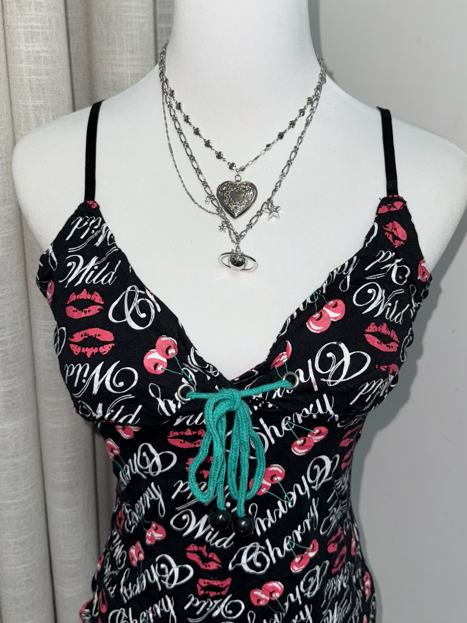 90s Cherry & Lip Print Cami with Contrast Teal Lace-up Front