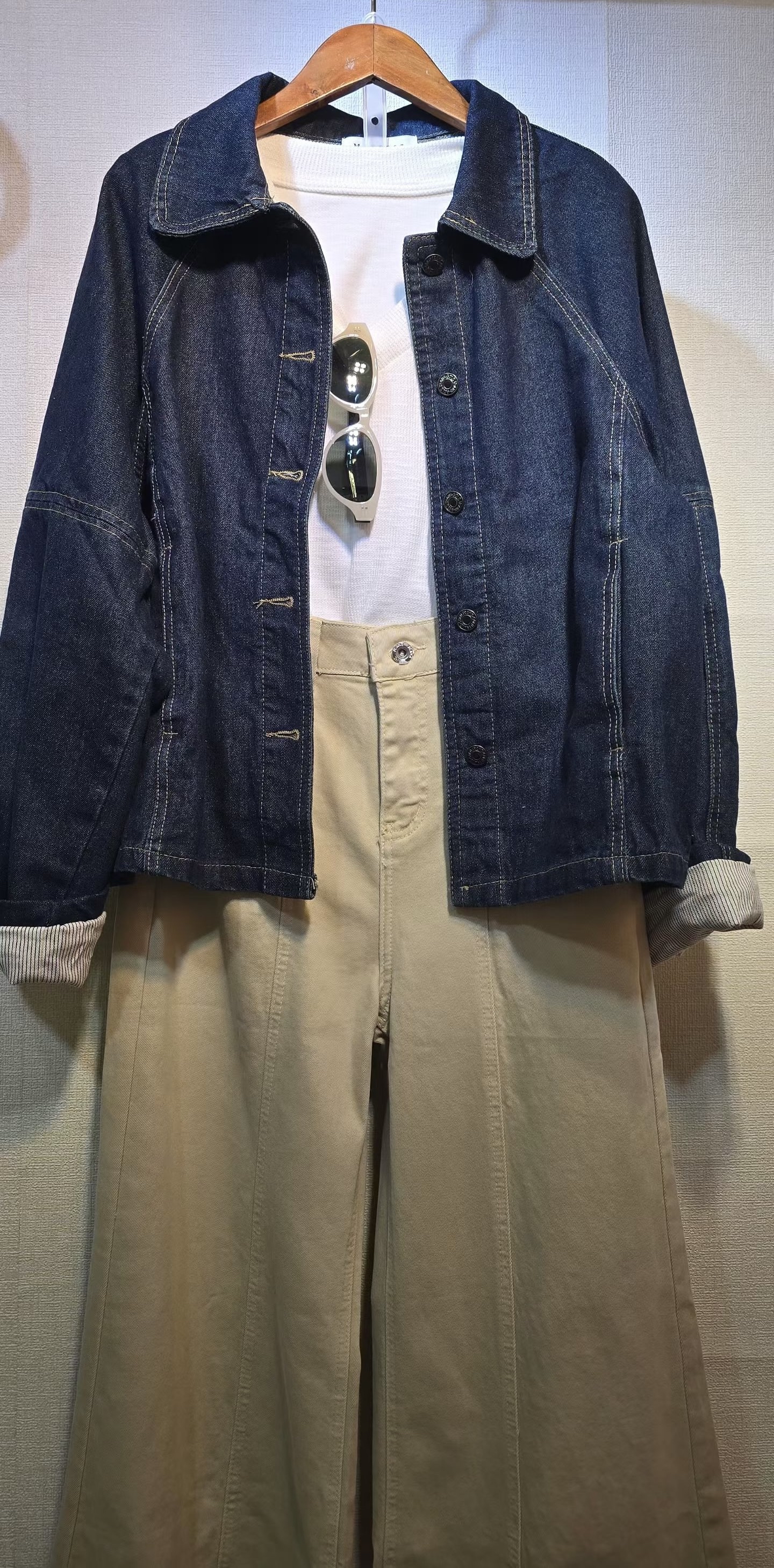 條子反袖牛仔外套 