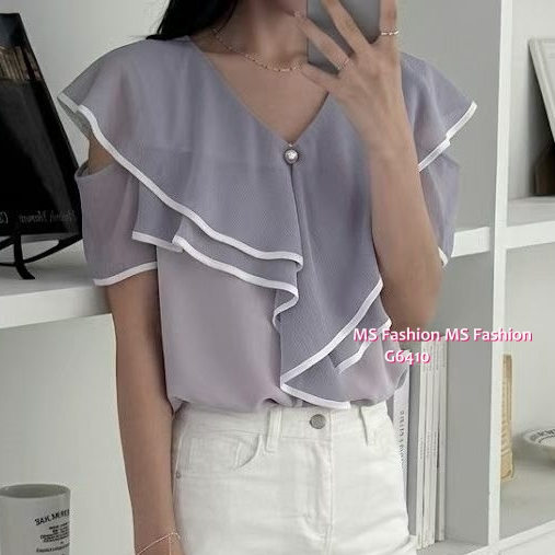 G6410 高質V領拼邊露肩top