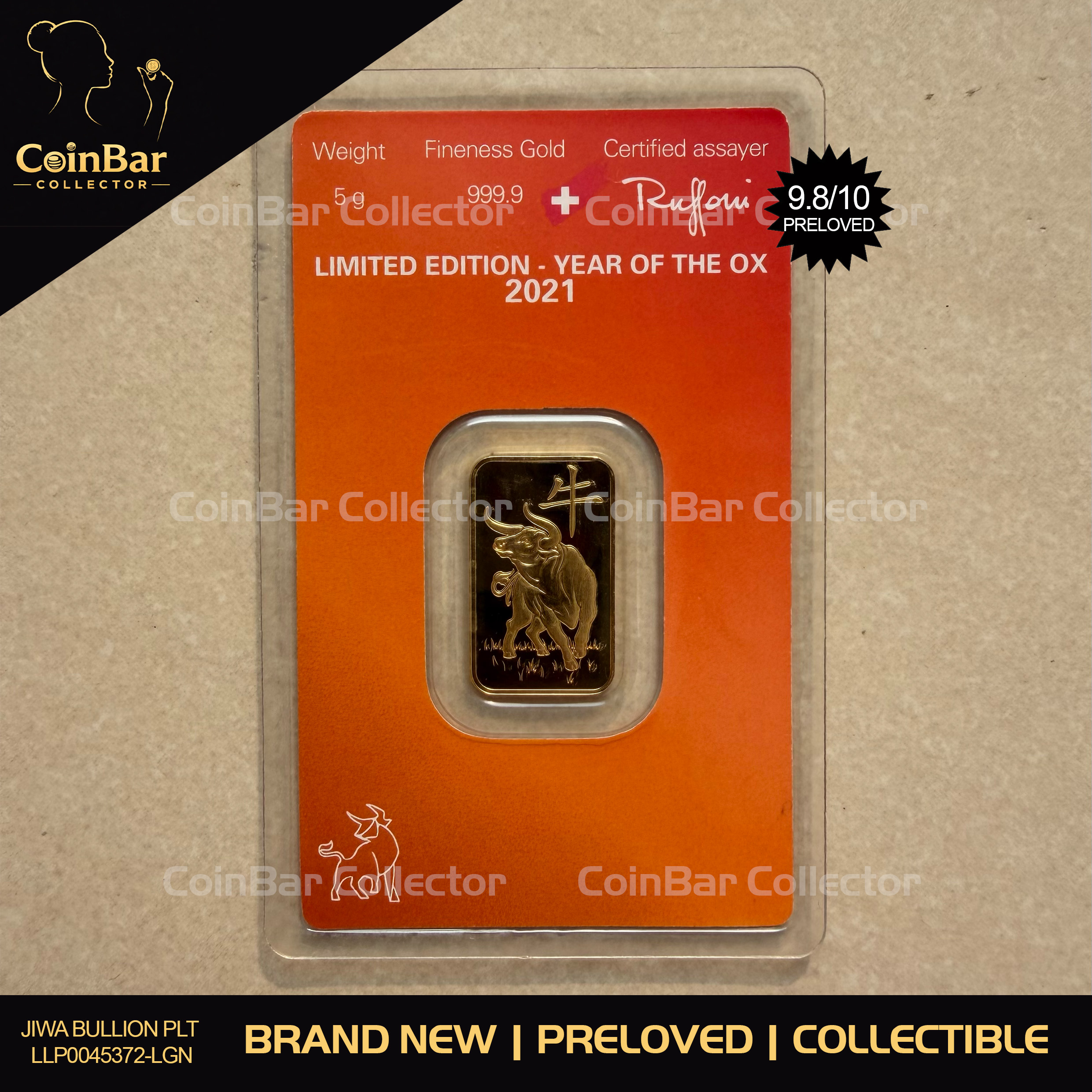 (SN0947) ARGOR Lunar Ox 2021 5g🇨🇭Swiss Fine Gold Bar Emas 999.9 贺利氏生肖牛 (Limited 3888pcs)