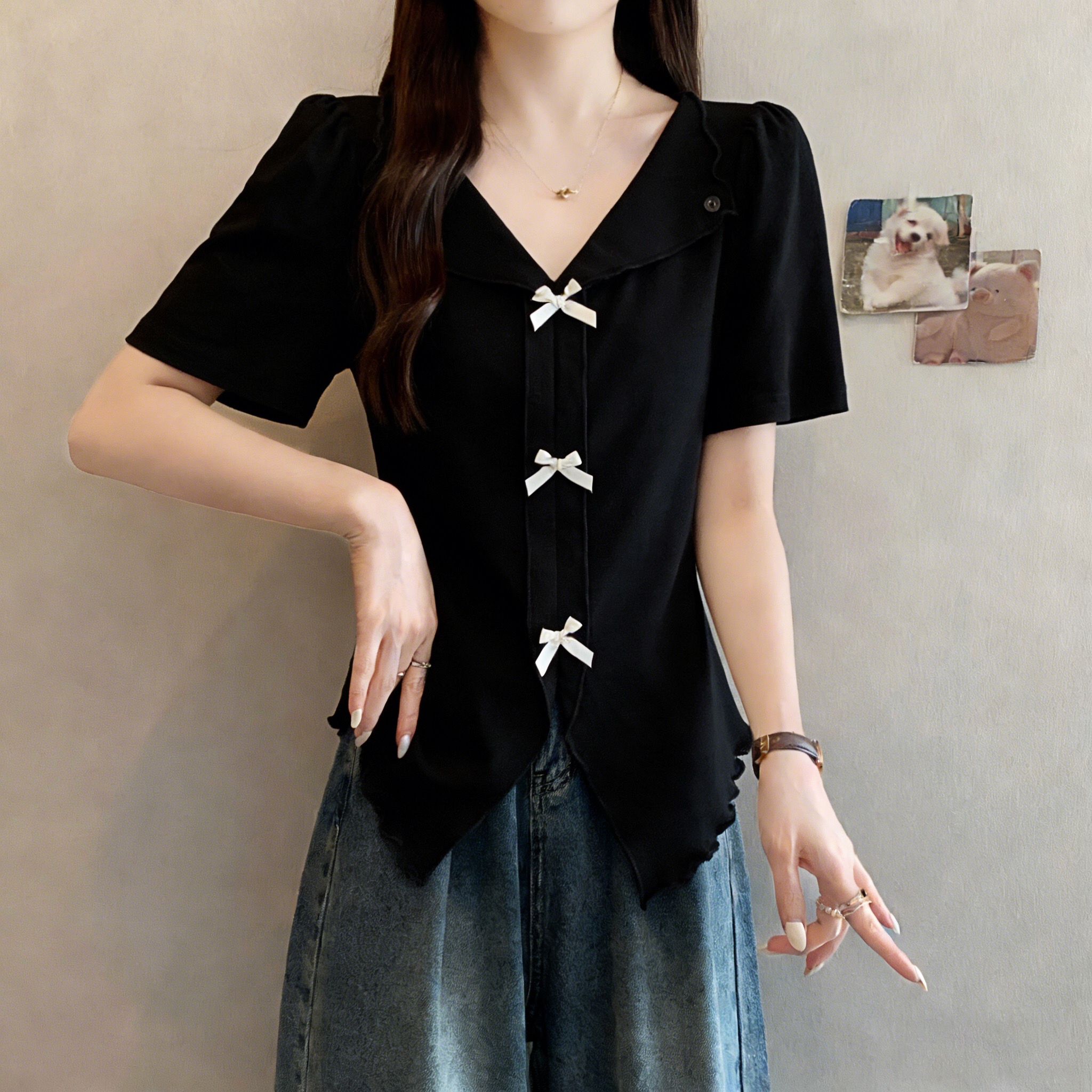 B158(80771) 韩版甜美风V型翻领前排立体蝴蝶结下摆开角木耳边3色上衣 