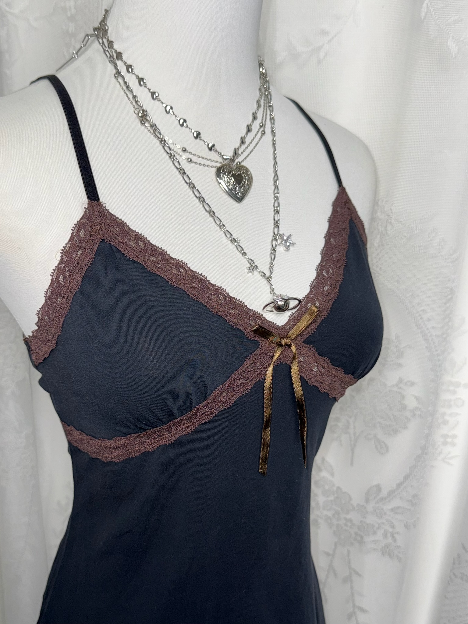 Vintage Espresso Black & Brown Lace Trim Cami Top