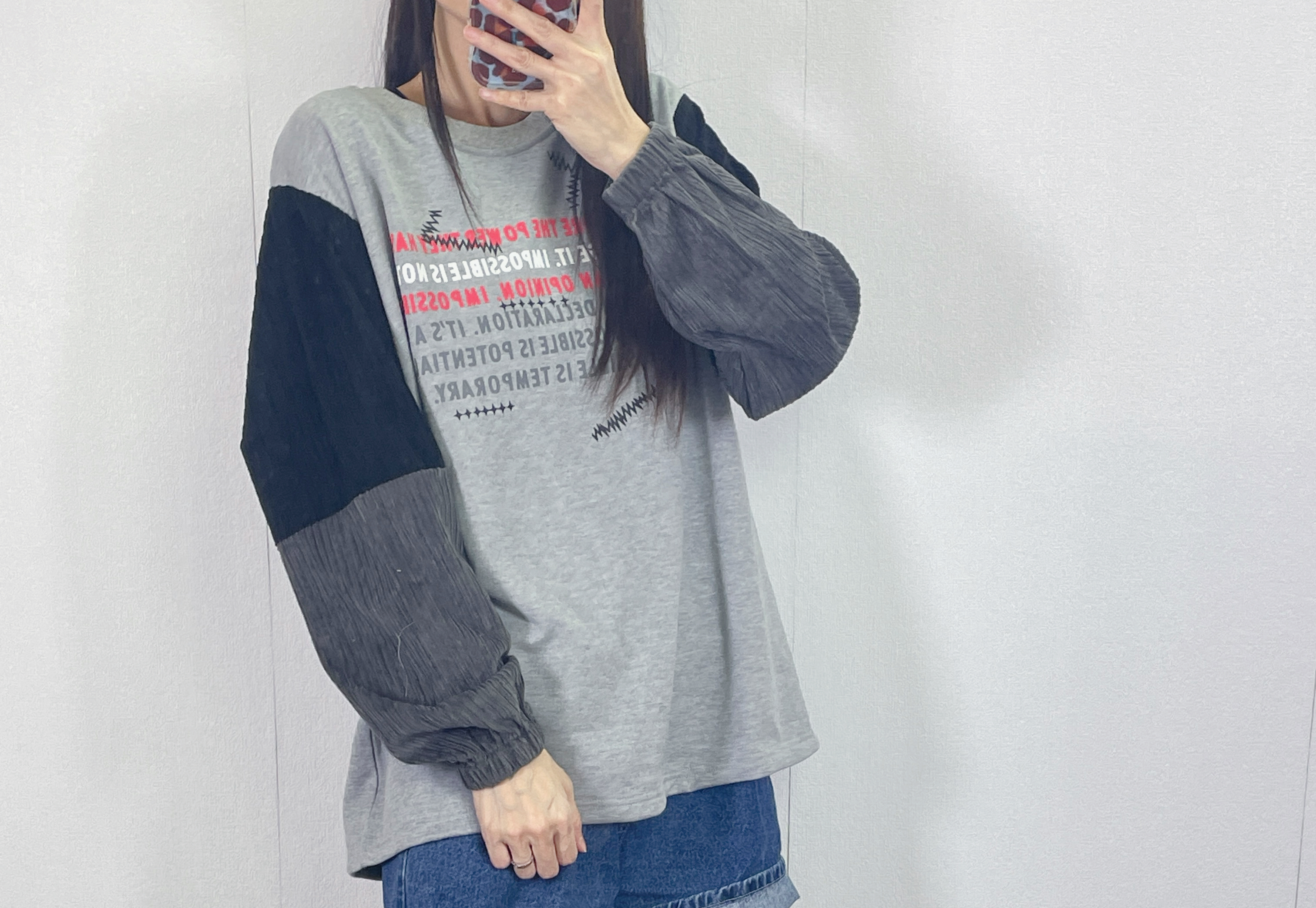  ⭐️Sale⭐️ #10-3604 cotton印字拼雙色燈芯絨袖tee