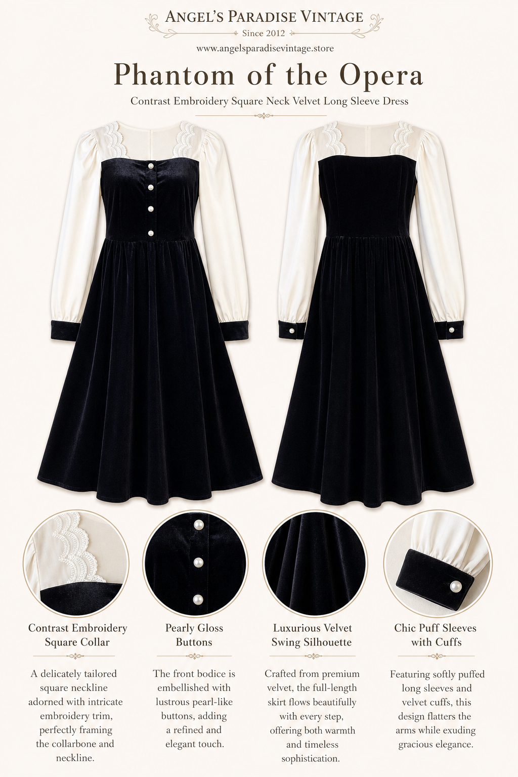 歌劇院的魅影 ∙ 拼接蕾絲方領絲絨長袖連身裙 Phantom of the Opera ∙ Contrast Embroidery Square Neck Velvet Long Sleeve Dress