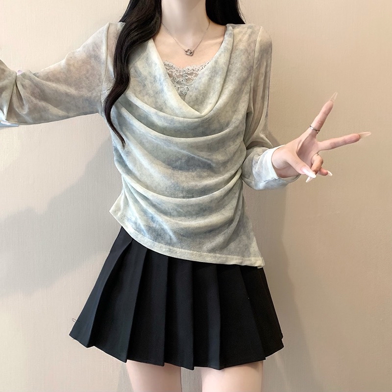 B118(3989) 韩系纯欲风晕染雪纺假两件里拼蕾丝边荡领褶皱3色上衣 