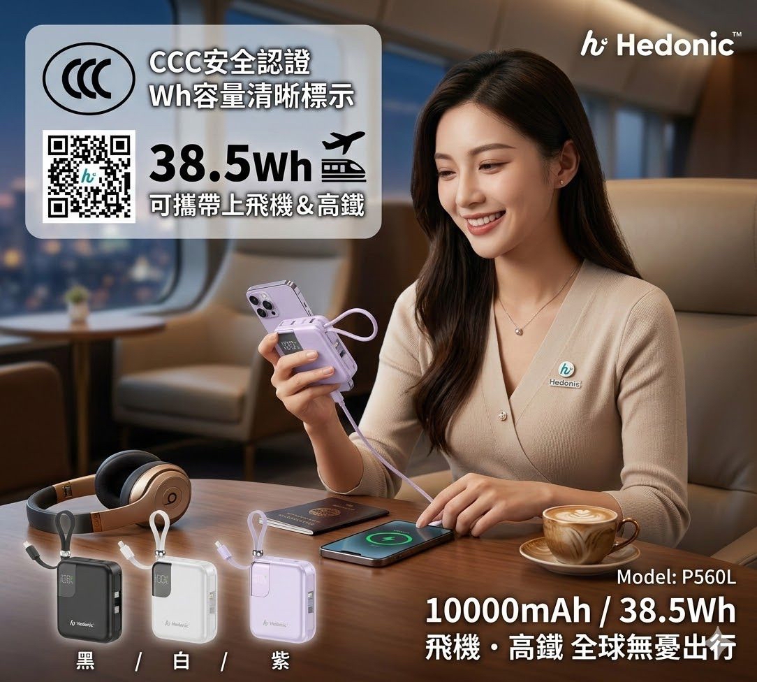 Hedonic (CCC 二維碼版) 10000mah (38.5Wh) PD 3.0 22.5W Lightning & USB-C 流動充電池 (第三代, CCC 中國強制性產品認證)