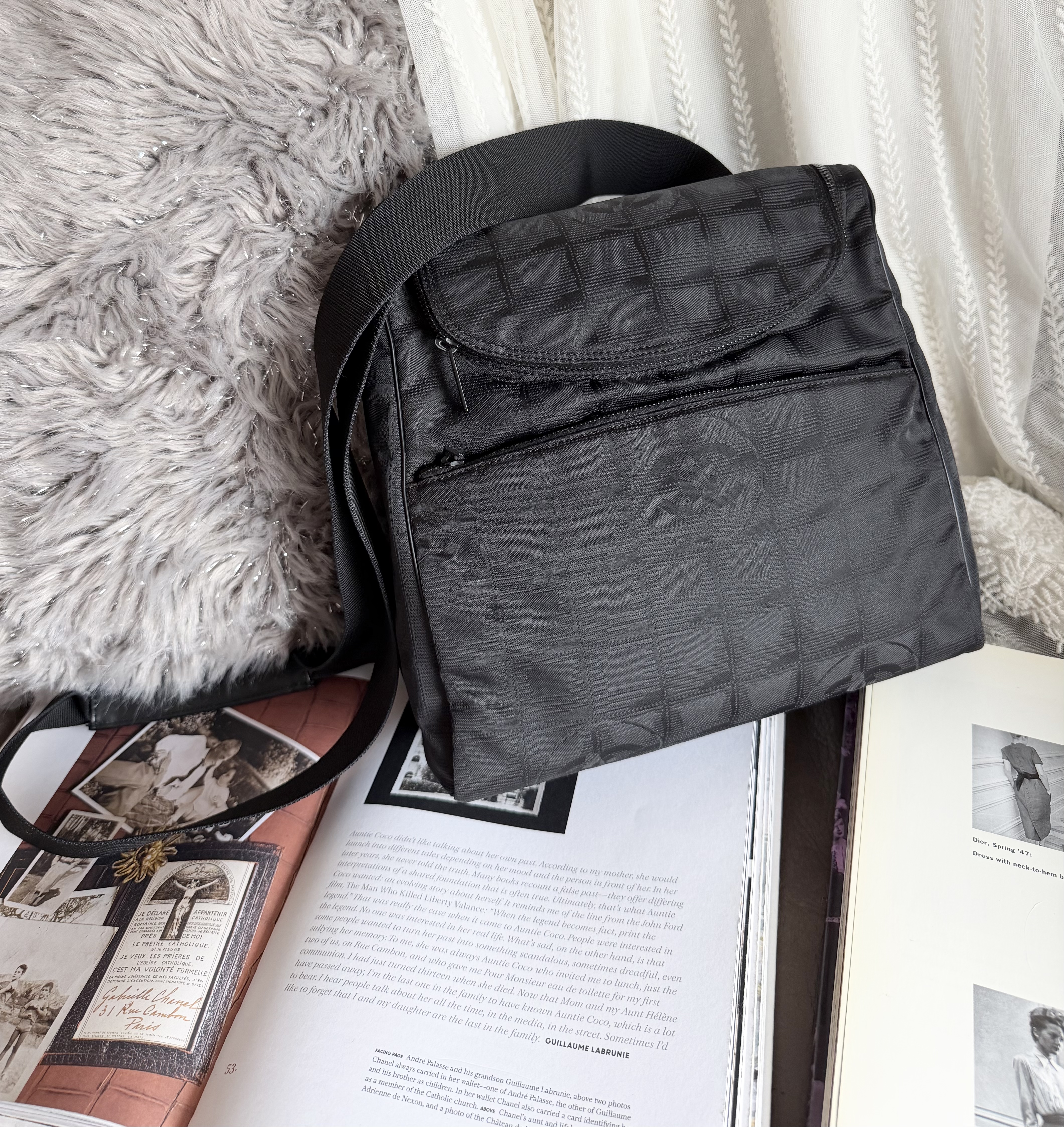 Vintage chanel black travel line backpack /shoulder bag 