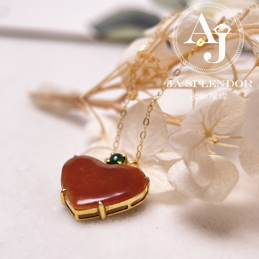 JNk-12 天然翡翠A玉 冰潤紅翡翠心心相印18K金吊墜連項鏈