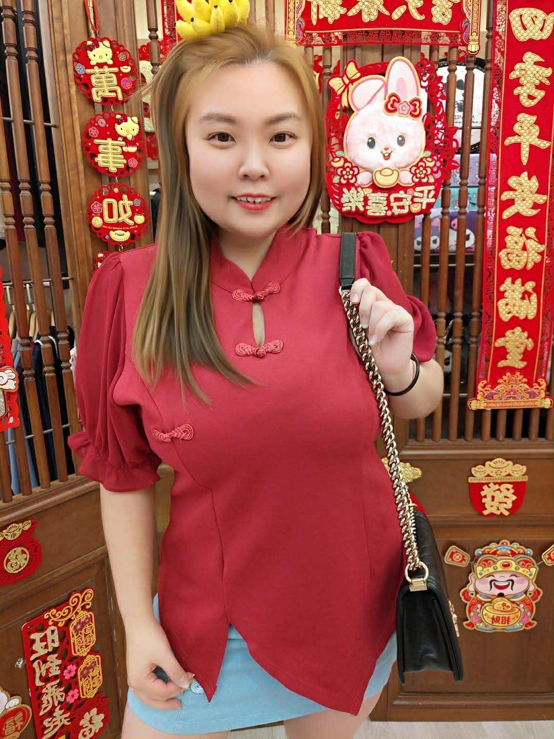 TW3510 红/青/黄盘扣雪纺袖不规则开叉上衣