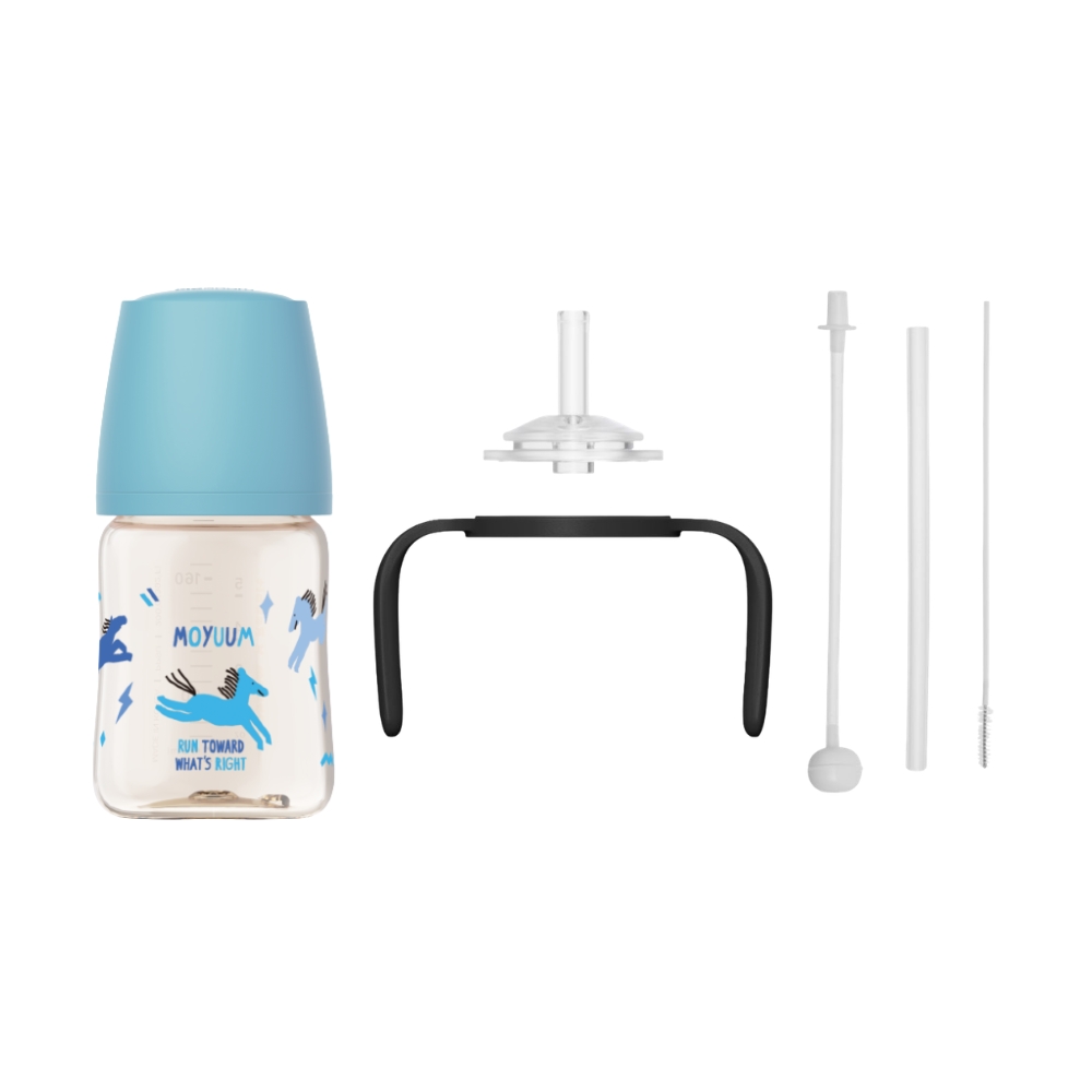 Moyuum - PPSU 寬口防漲氣奶瓶170ml（快樂小馬-藍色）+寬口奶瓶防漏學習吸管套裝(黑色)_MY251_SET