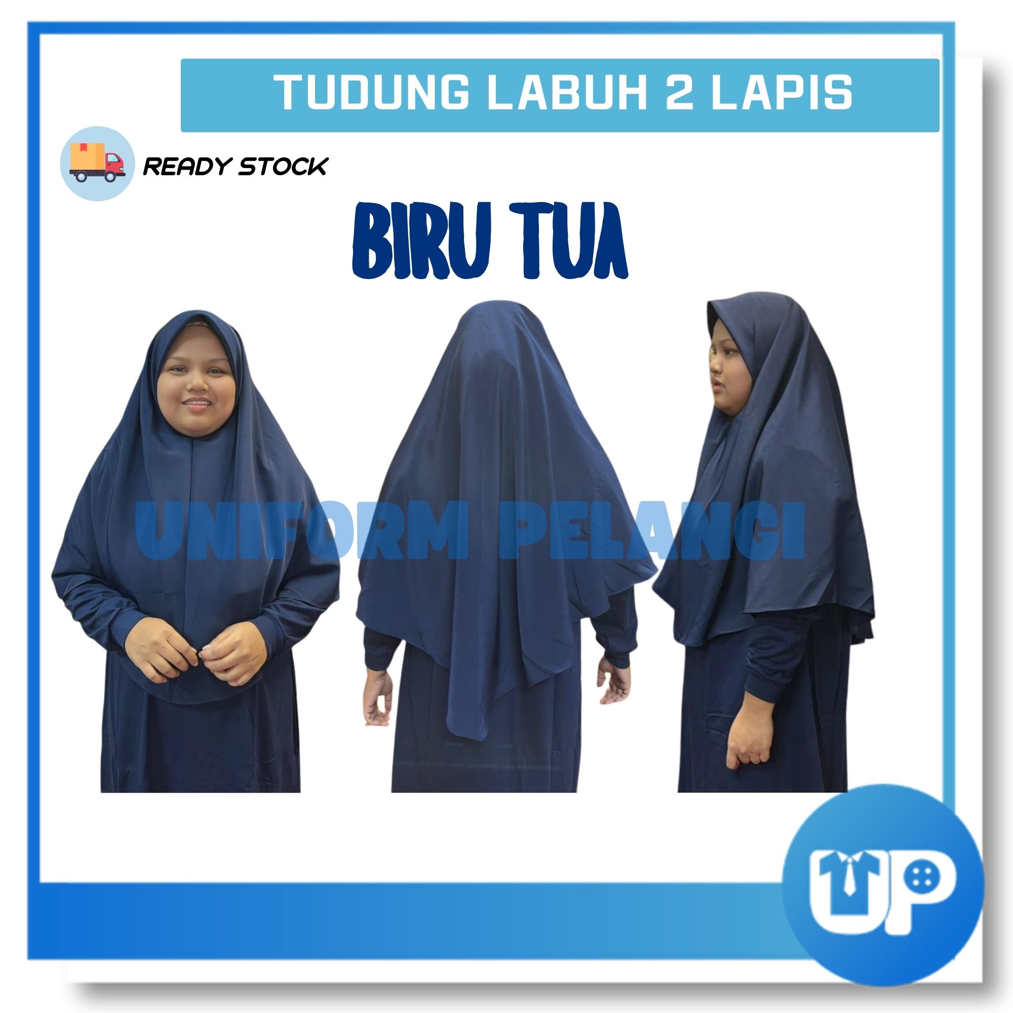 Tudung Labuh Biru Tua Dark Blue Sekolah Licin Koshibo Tudung Dua Lapis Kokurikulum Sekolah Bulat