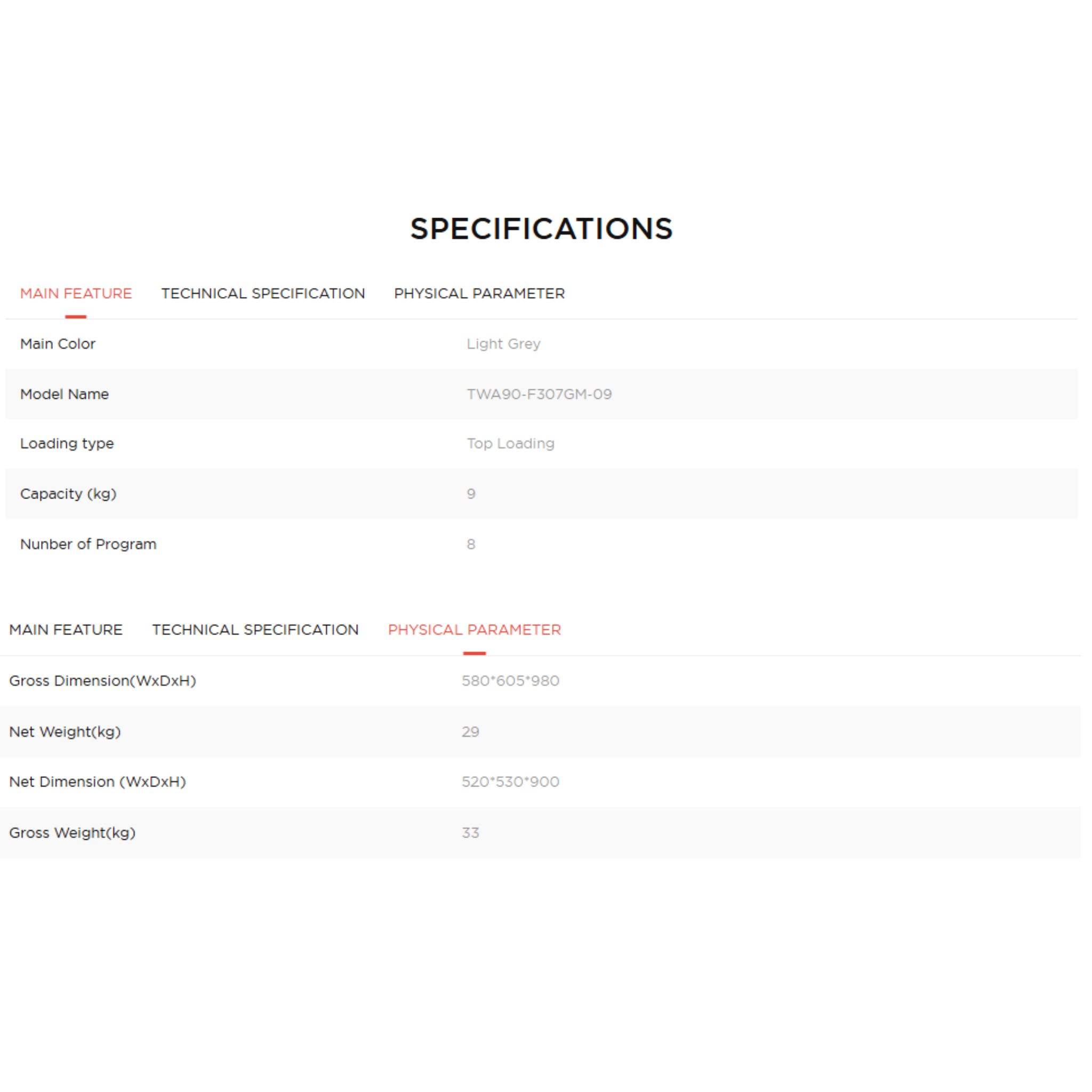 TCL 9kg Top Load Washing Machine (TWA90-F307GM-09)