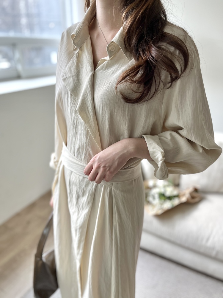 Minimal Belted Shirt Dress (Light Beige)