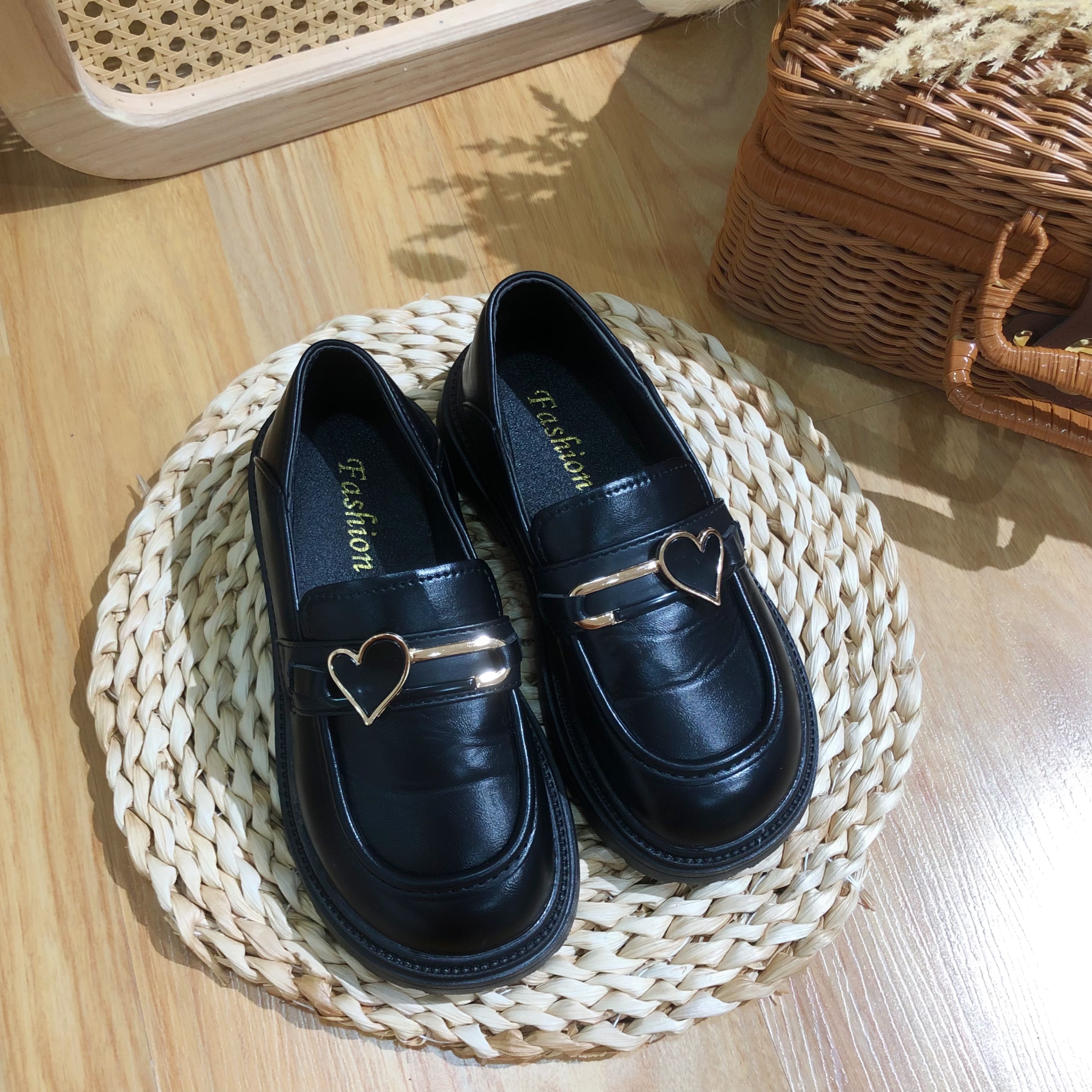 Stylish Black Loafers with Gold Heart Buckle