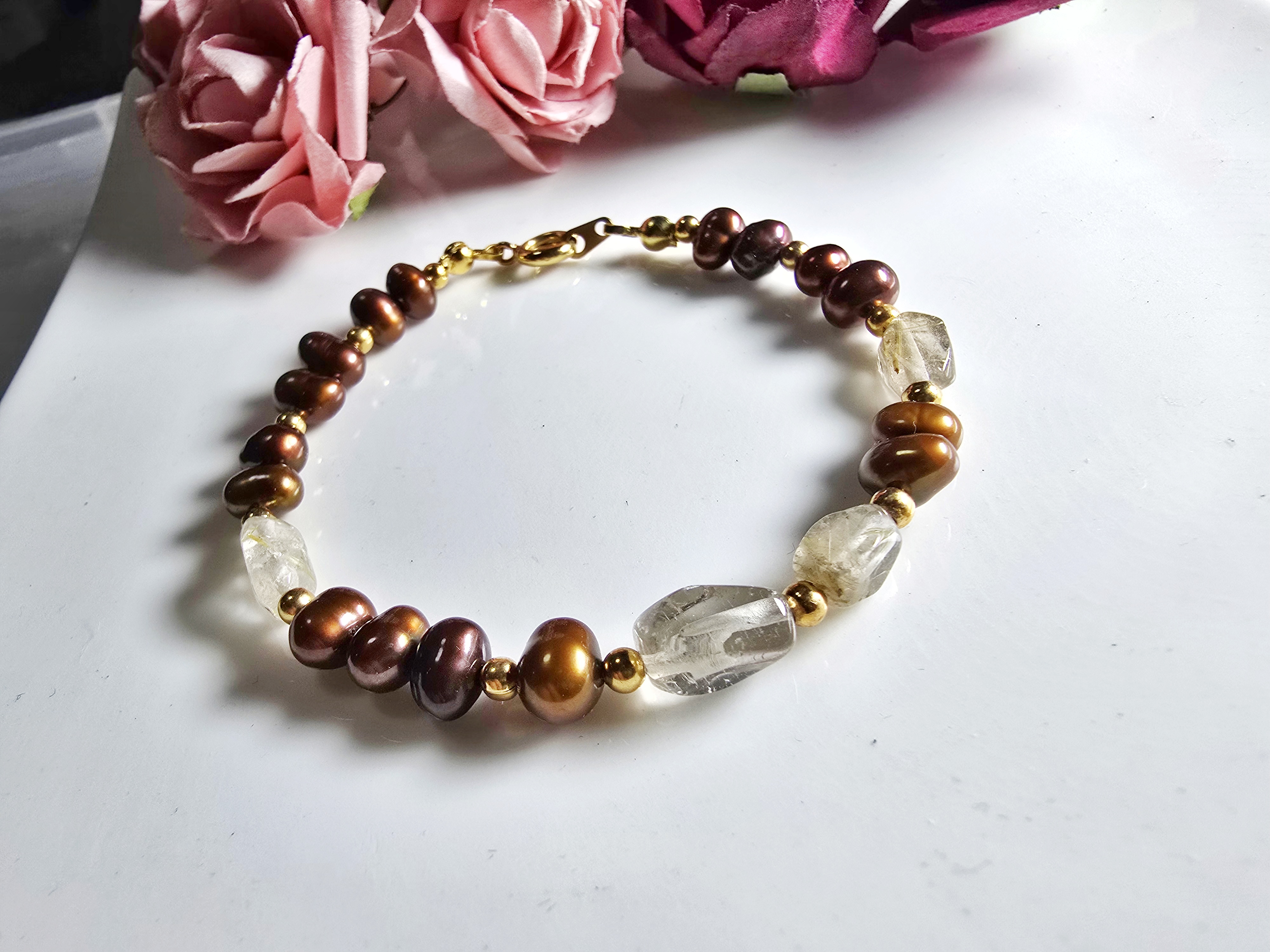 FWP0125-1  天然珍珠金髮晶復古手鏈