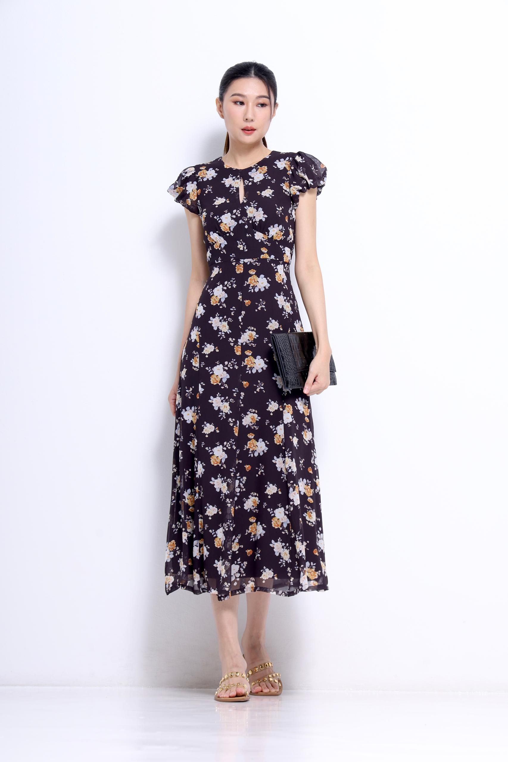 CD2147 FLORAL FLUTTER SLLV ROUNDNECK DRESS