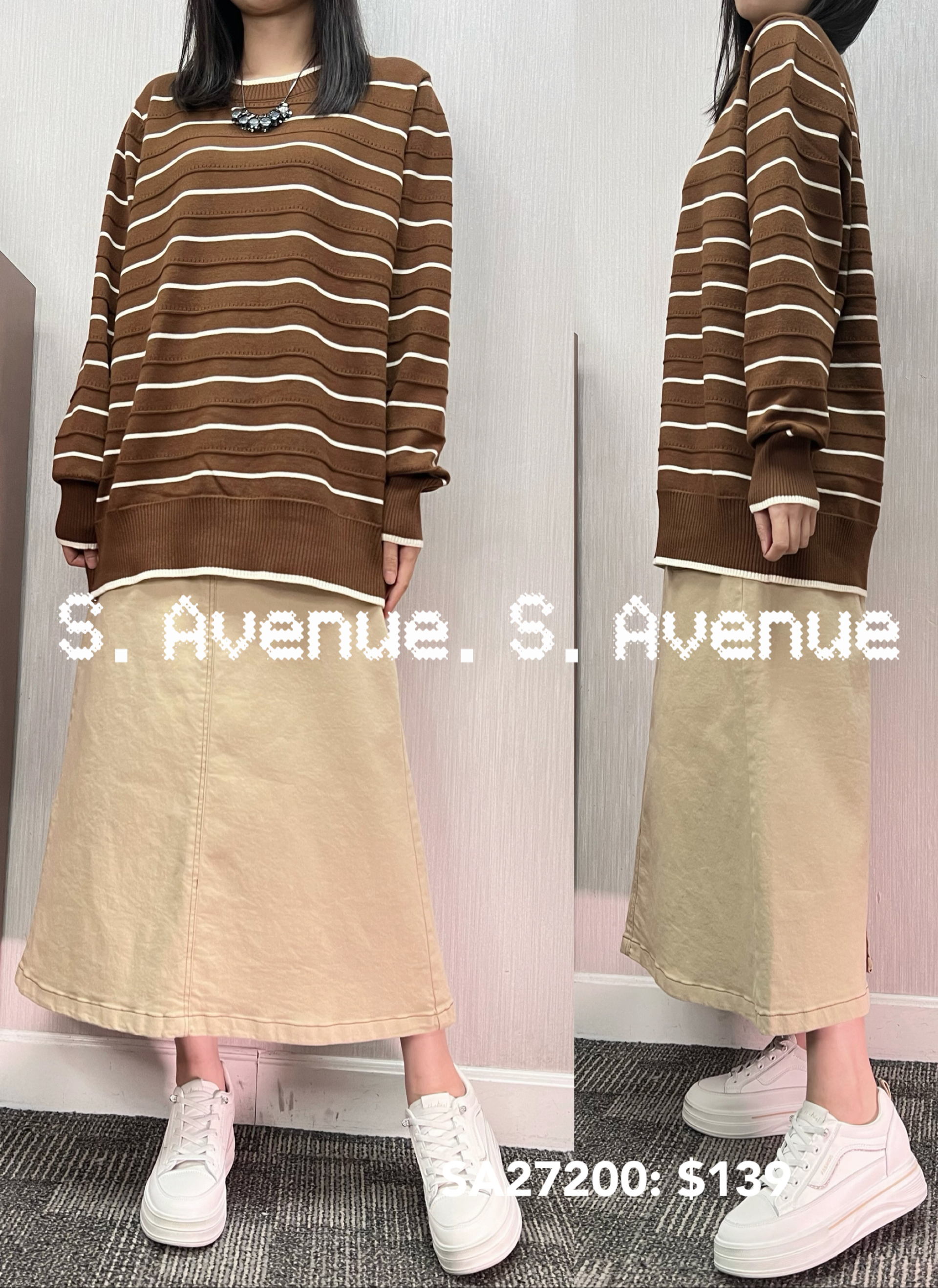 SA27200: 長袖撞色白邊領長身間條top