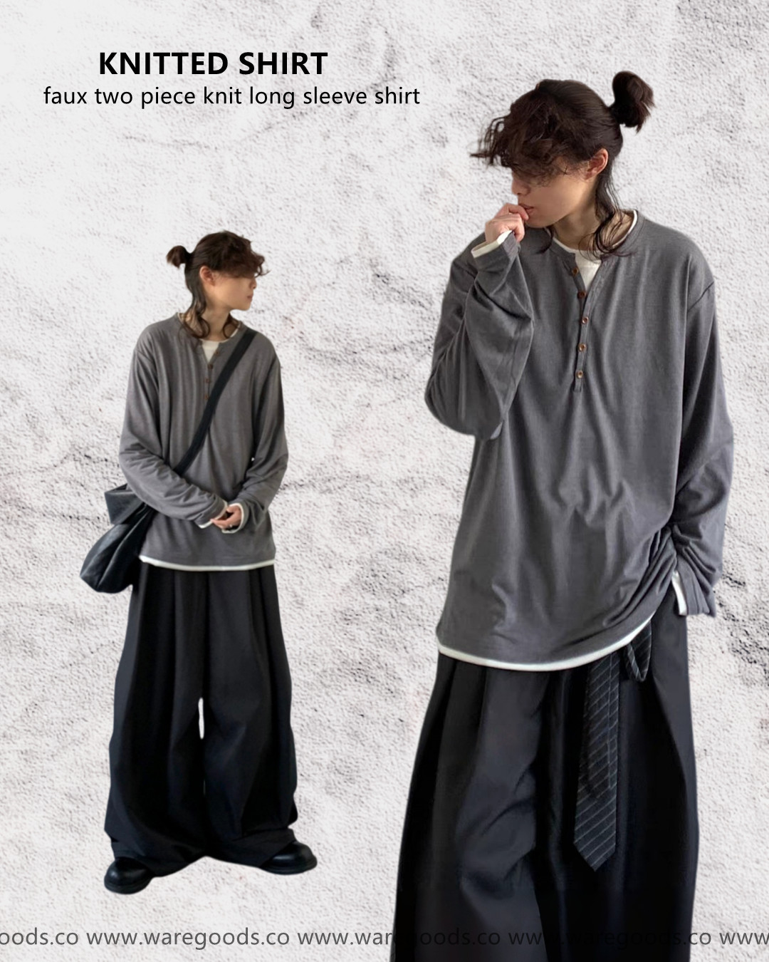 W35假兩件開胸長袖T恤