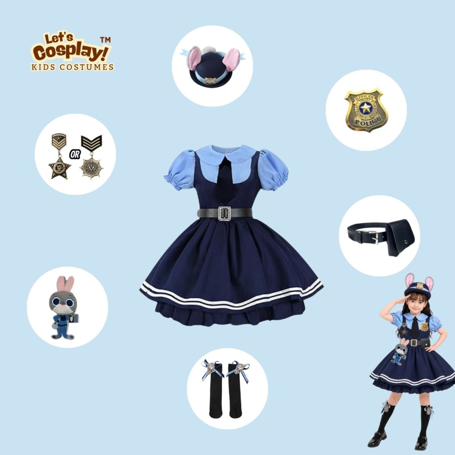 兒童朱迪警察兔主題Cosplay短袖連身裙套裝｜警察兔角色扮演服