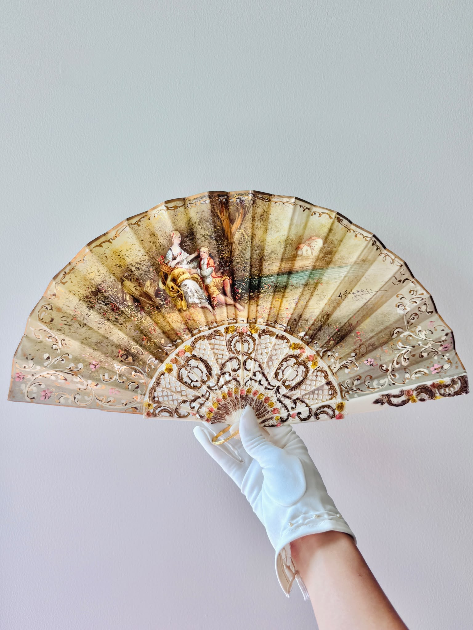 Antique c. 1890–1920 European Hand-Painted & SIgned Rococo Revival Folding Fan (MT2616)