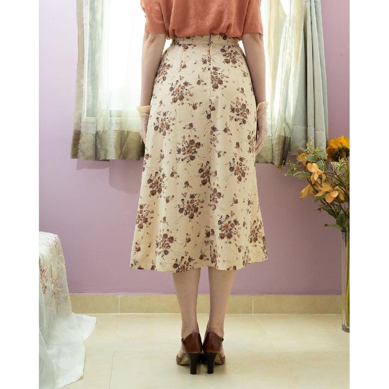 Vintage C.a. 1990s Romantic Bouquet Pattern Tea Length Flare Skirt - Waist 24~27" (MT1606-55)