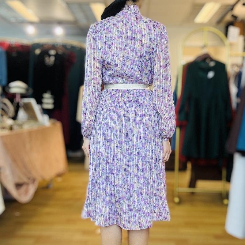 Vintage Purple Floral Pattern Tie Collar Pleated Chiffon Day Dress (MT2260-10)