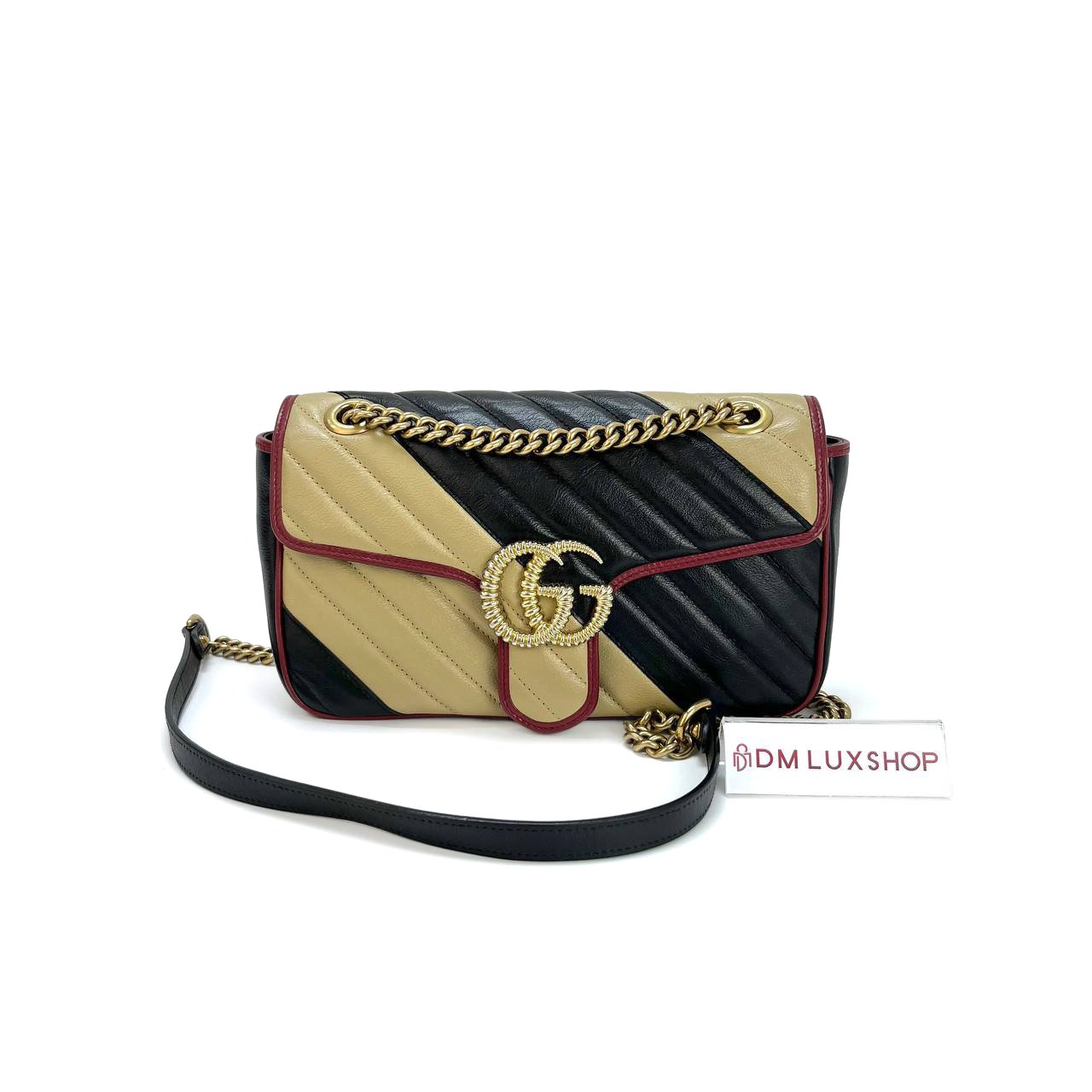 Gucci Torchon Diagonal Stripe GG Marmont Flap Bag Medium GHW