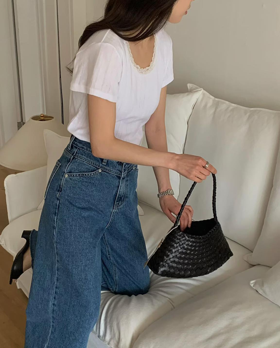 lace邊㘣領打底top