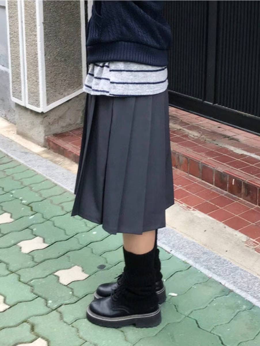 學院風百褶半身中長裙(三色入)