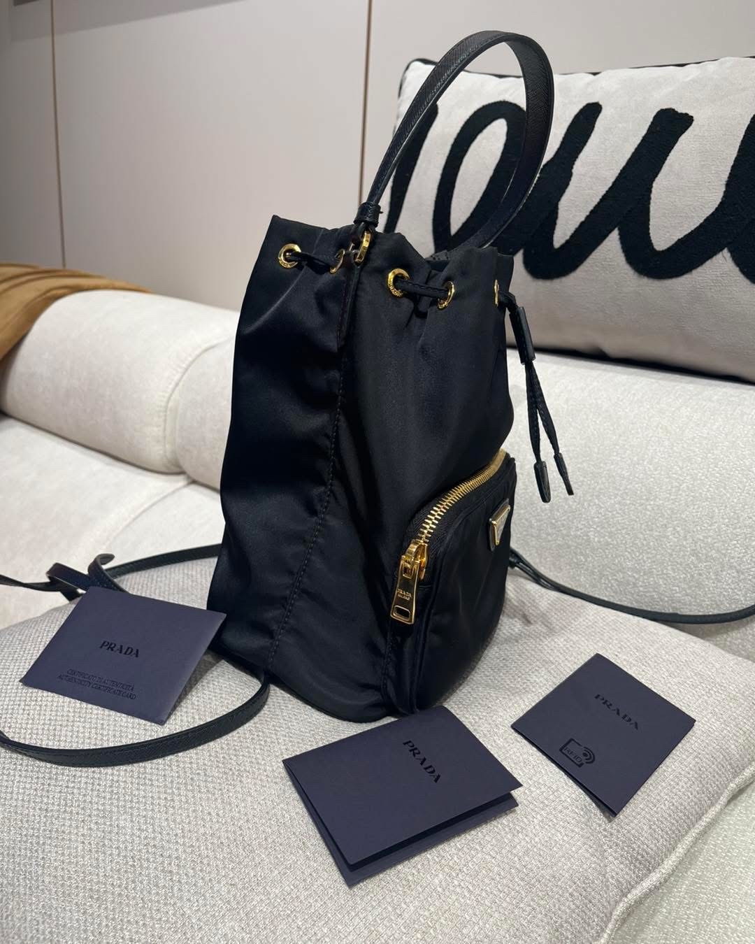 PRADA Duet Re-Nylon Bucket Bag Black,100%Authentic,95%new ✅card✅dust bag