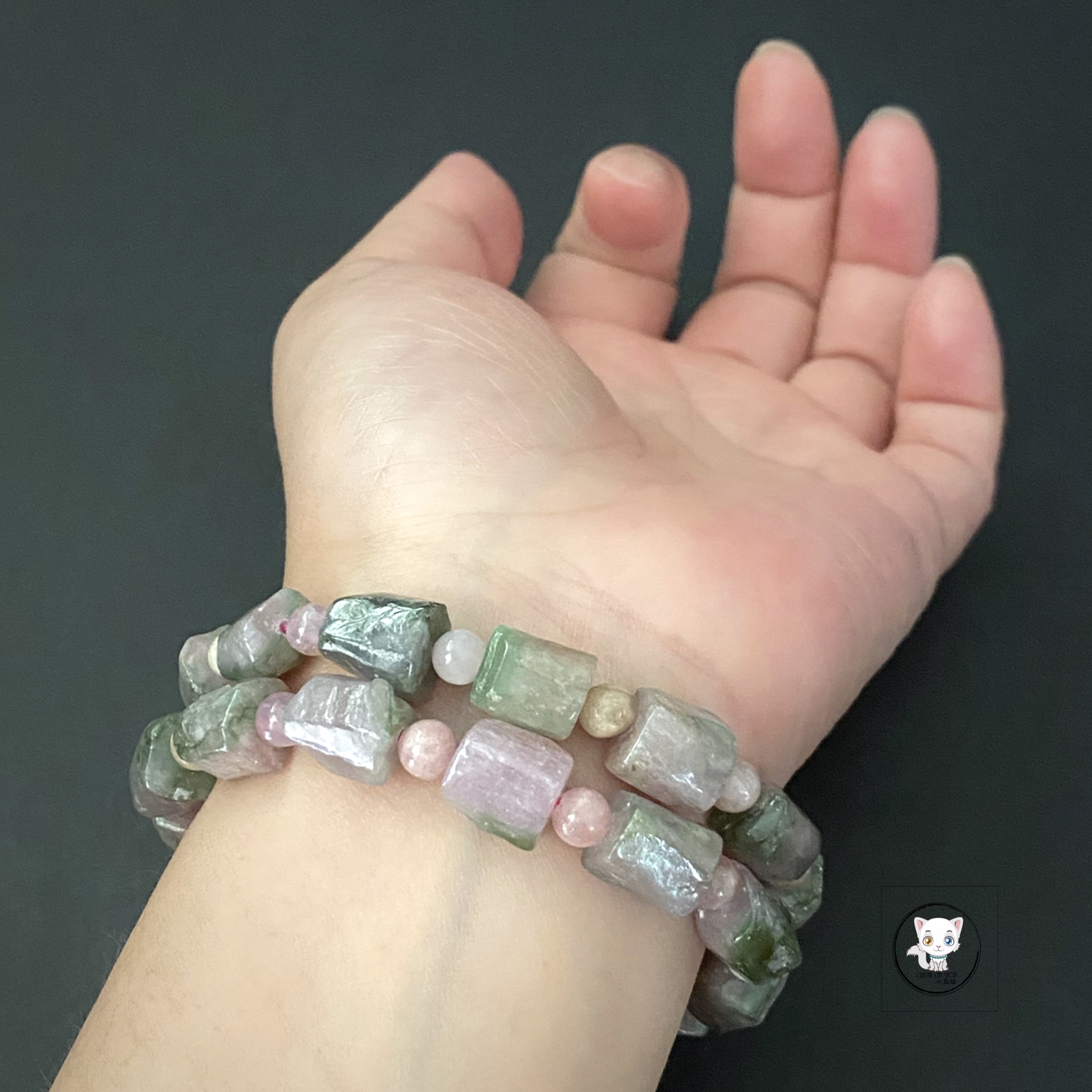 粉綠西瓜碧璽原石手鏈 9.5mm
