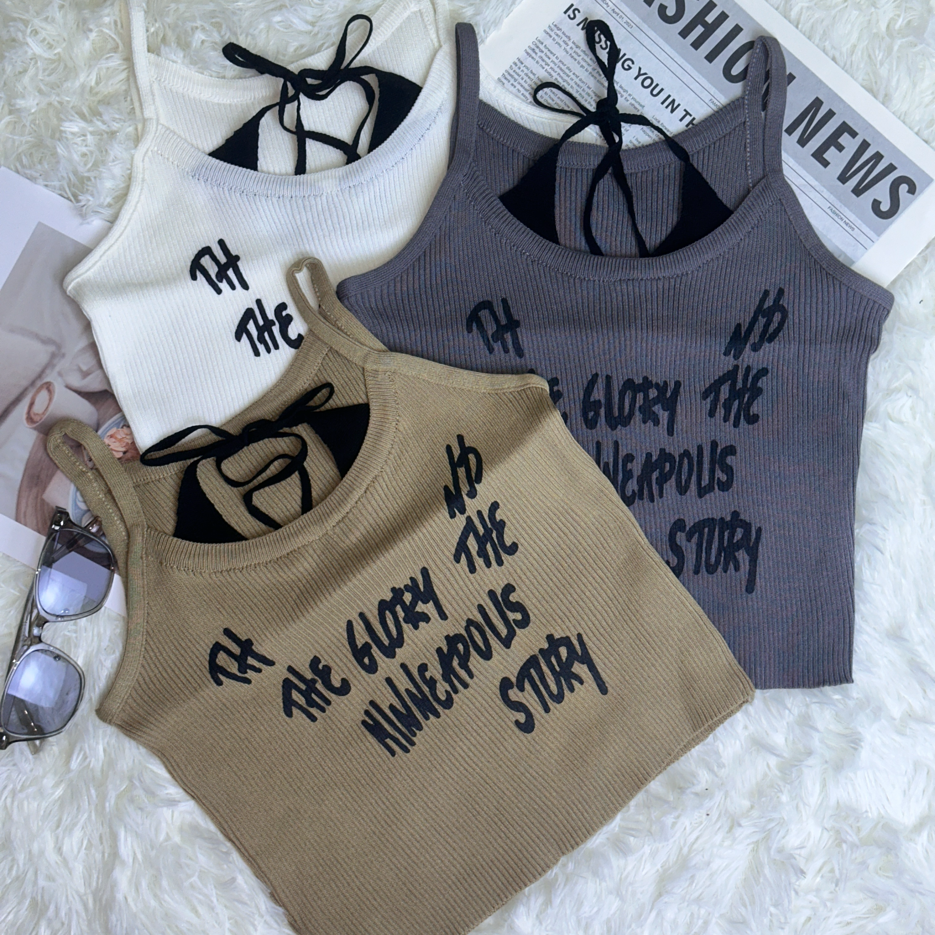 T20013#Y0229 Ribbed Knit Letter Print Camisole Top | Casual Slim Fit Sleeveless Tank