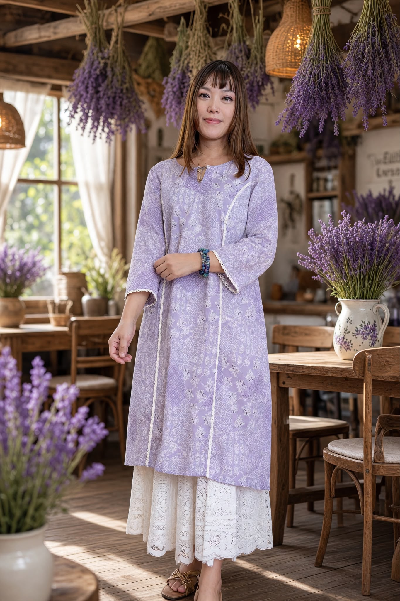 3576 Taro Cotton With white Lace Kurta