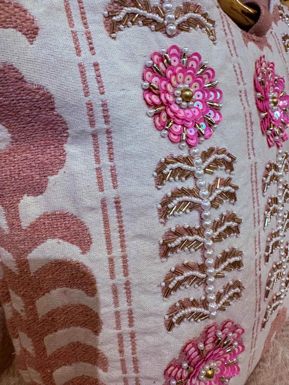 印度製造 - 粉紅色珠片刺繡木手挽袋