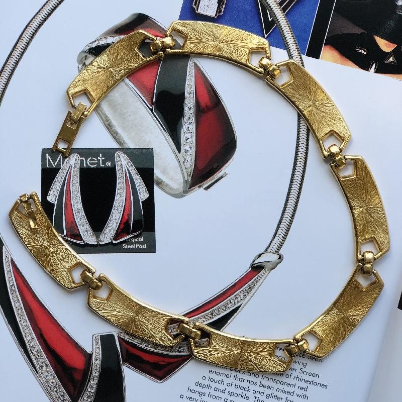 C.a. 1980s Monet Red X Ivory Geometric Enamel Jewelry New Old Stock- Necklace (MT1622)