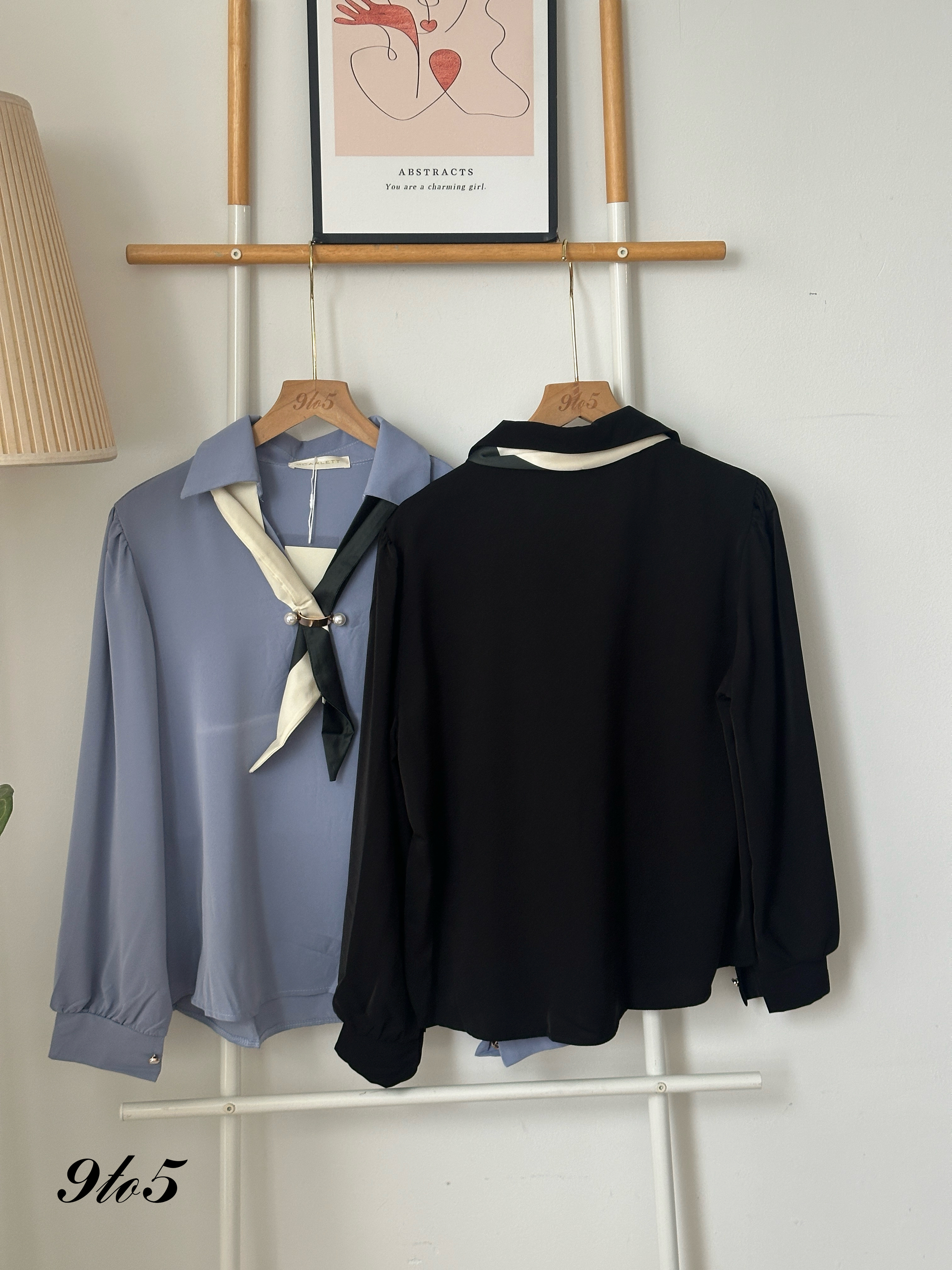 T4072 V Neck Shirt with Scarf - Black & Blue