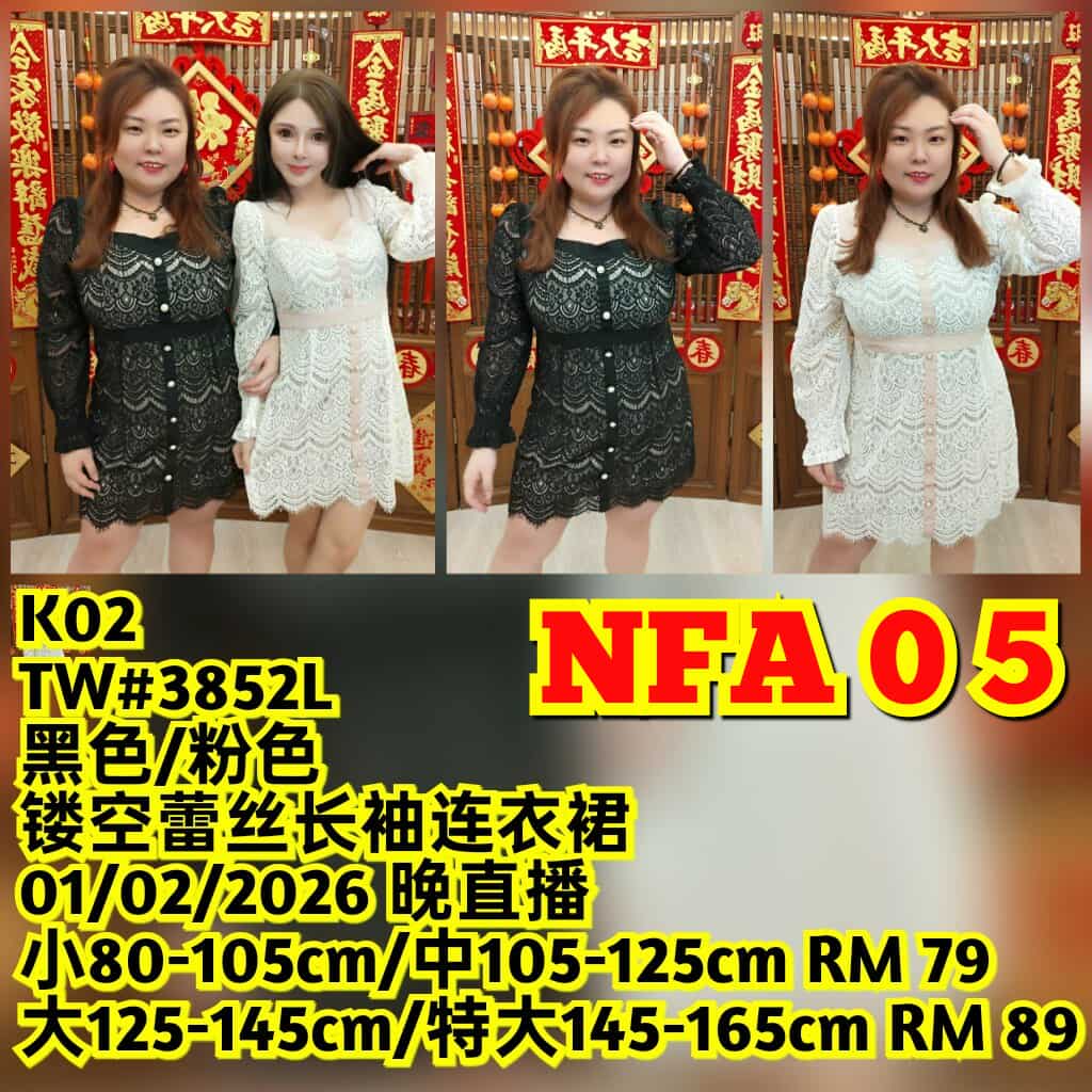 NFA05 TW#3852L 镂空蕾丝长袖连衣裙